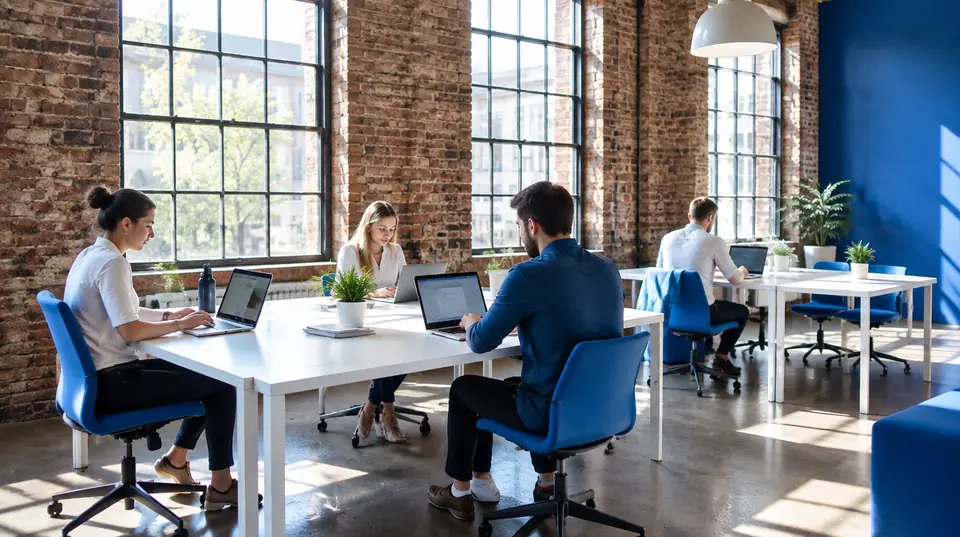 A team working in a converted warehouse office