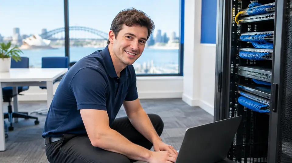 A technician working beside a network cabinet in a Sydney office