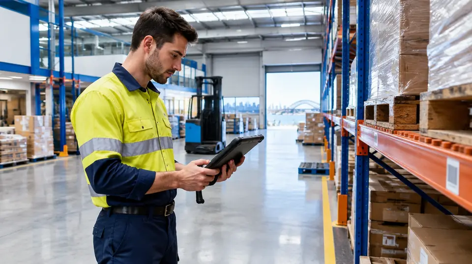 A technician checking a tablet in a Sydney warehouse