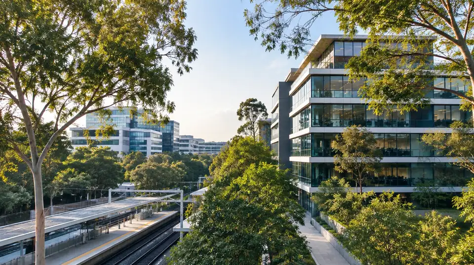 A leafy Northern Sydney office precinct beside a train line