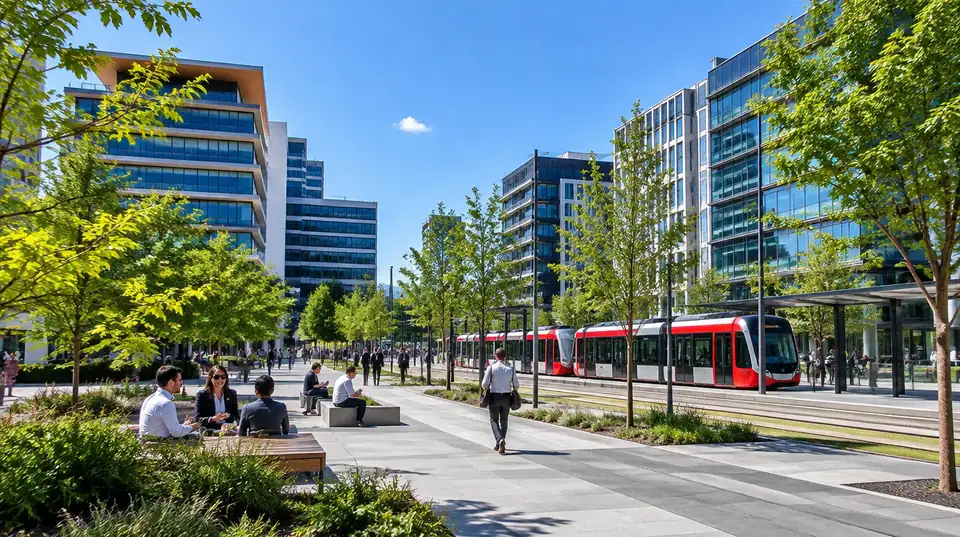 A Western Sydney business district with light rail and trees